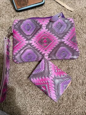 Purple & Pink Aztec leather Wristlet and Card Case Set
